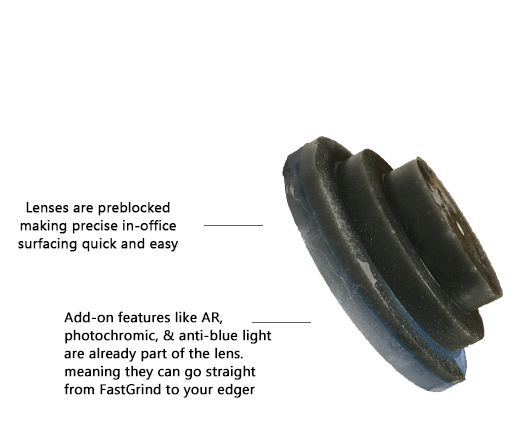 Lenses are preblocked making precise in-office surfacing quick and easy. Add-on features like AR, photochromic, & anti-blue light are already part of the lens. meaning they can go straight from FastGrind to your edger